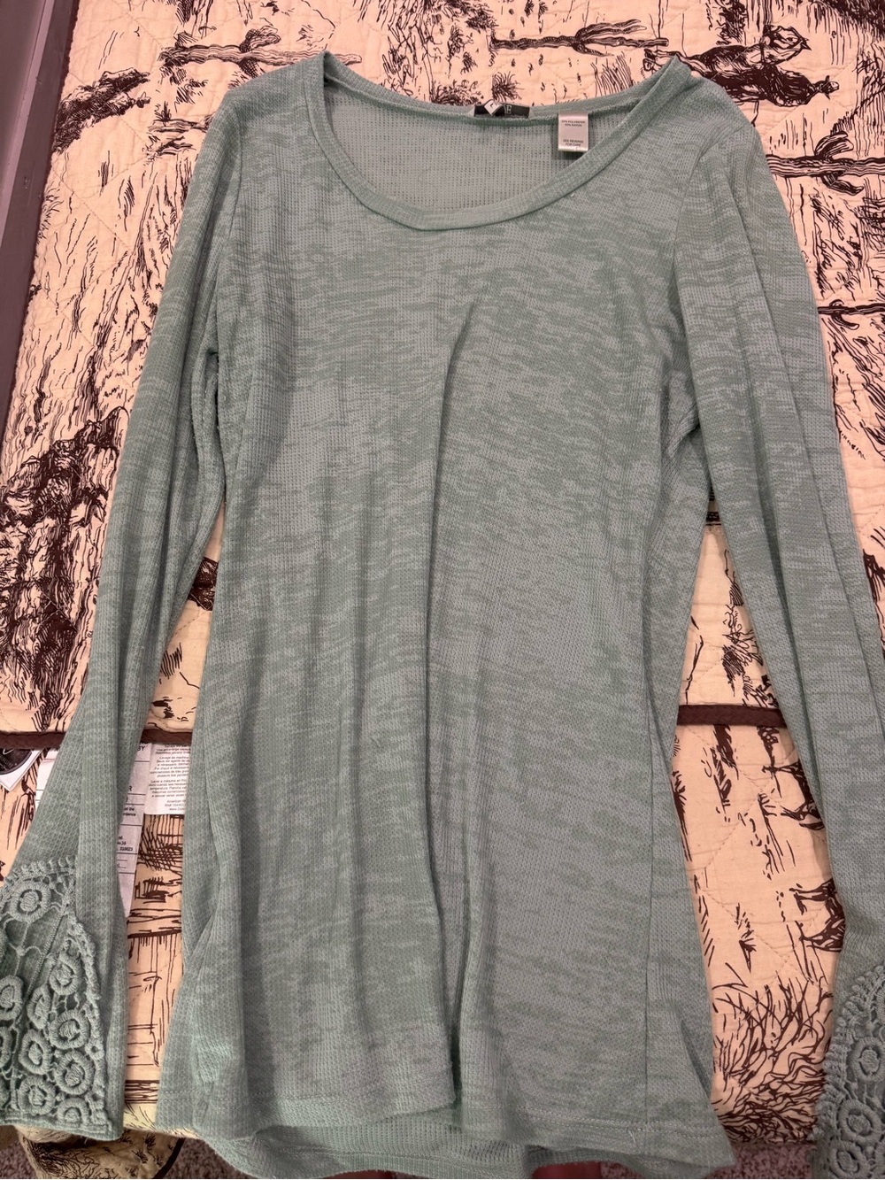 BKE Light Sage Green Long Sleeve Lace Cuff Top